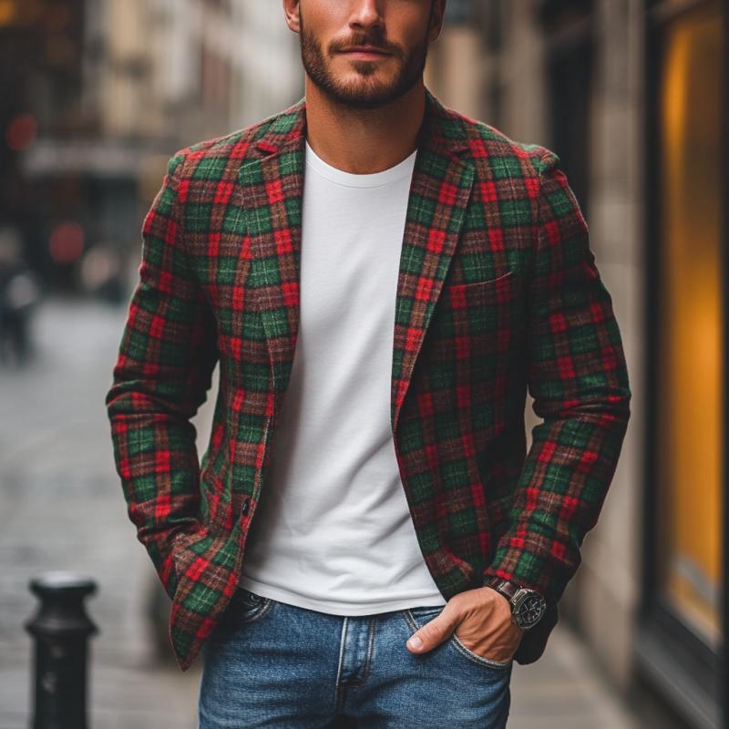 Casual Notch Lapel Contrast Color Christmas Plaid Single-breasted Blazer