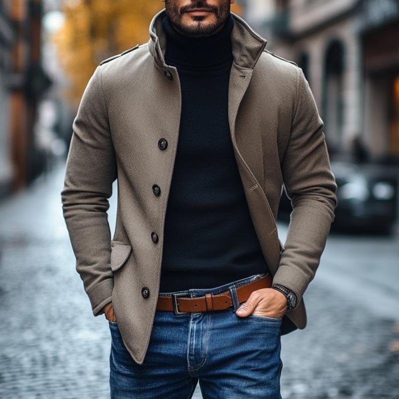 Men's Casual Wool Blend Lapel Single-breasted Slim Short Coat