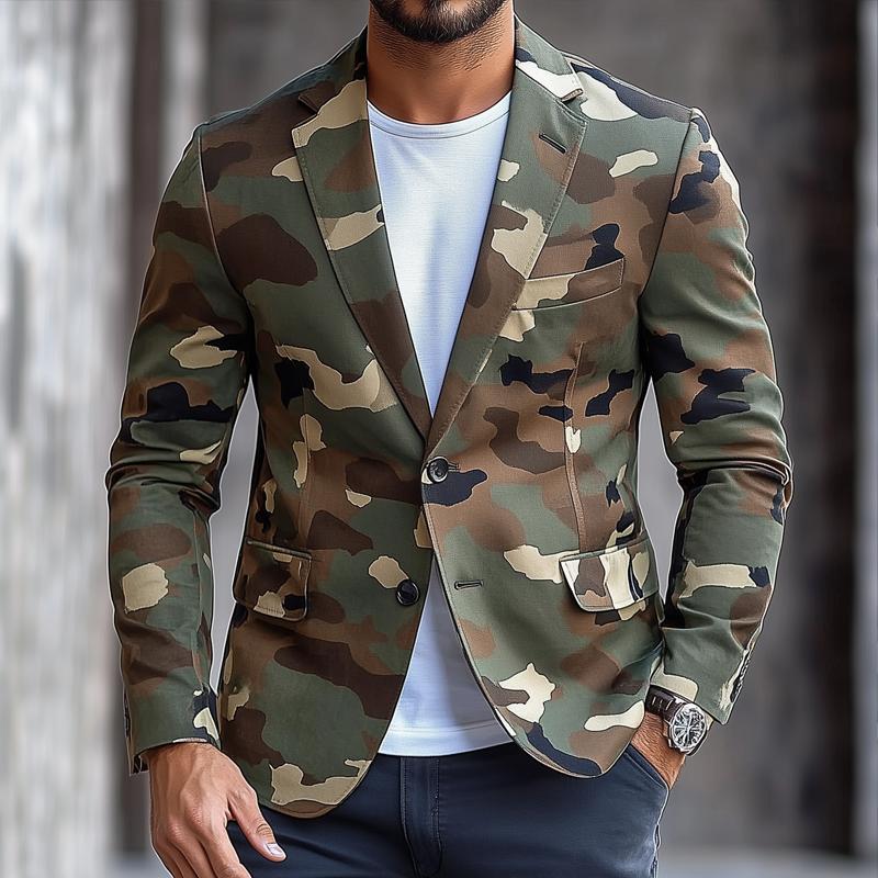 men's retro camouflage notch lapel single breasted casual blazer