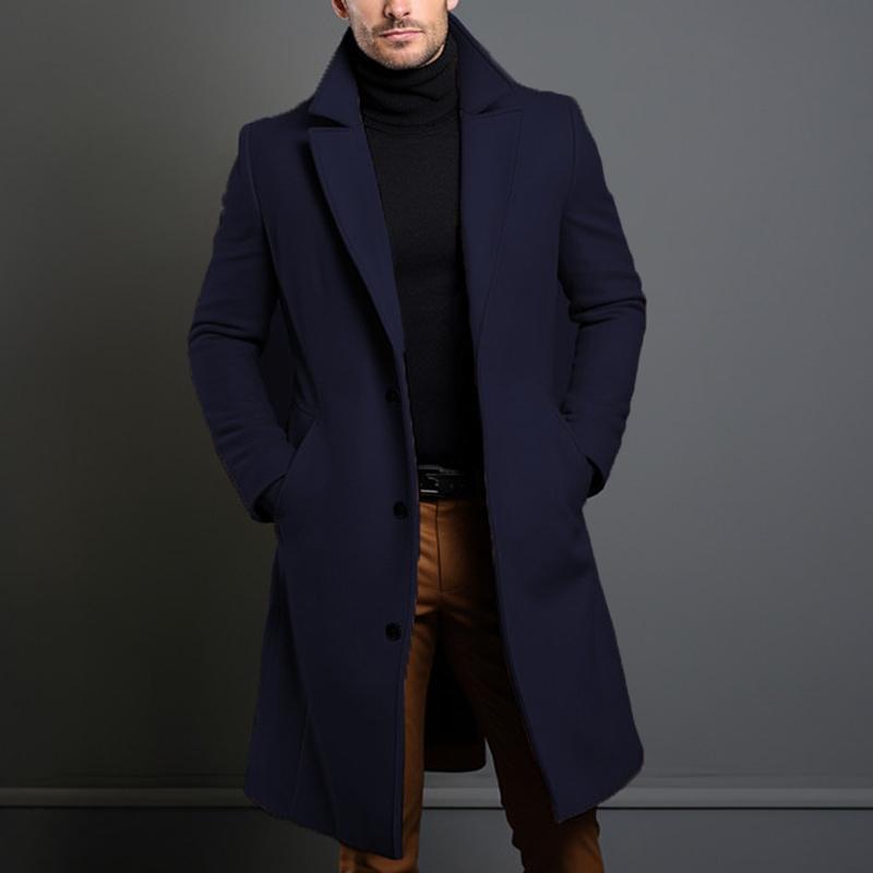 Men's Solid Notch Lapel Single-breasted Mid-length Coat