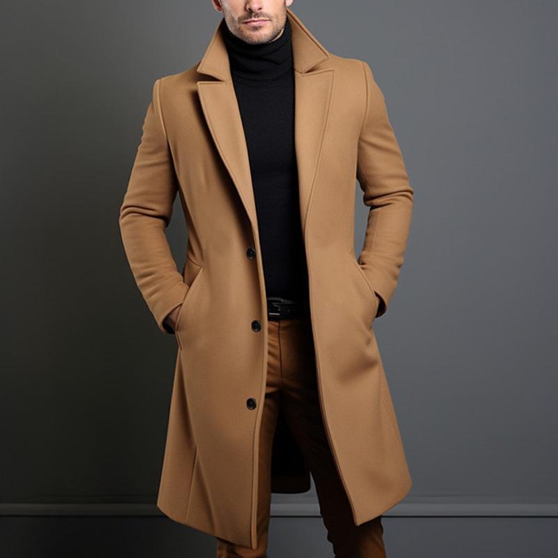 Solid Notch Lapel Single-breasted Mid-length Coat - DUVAL