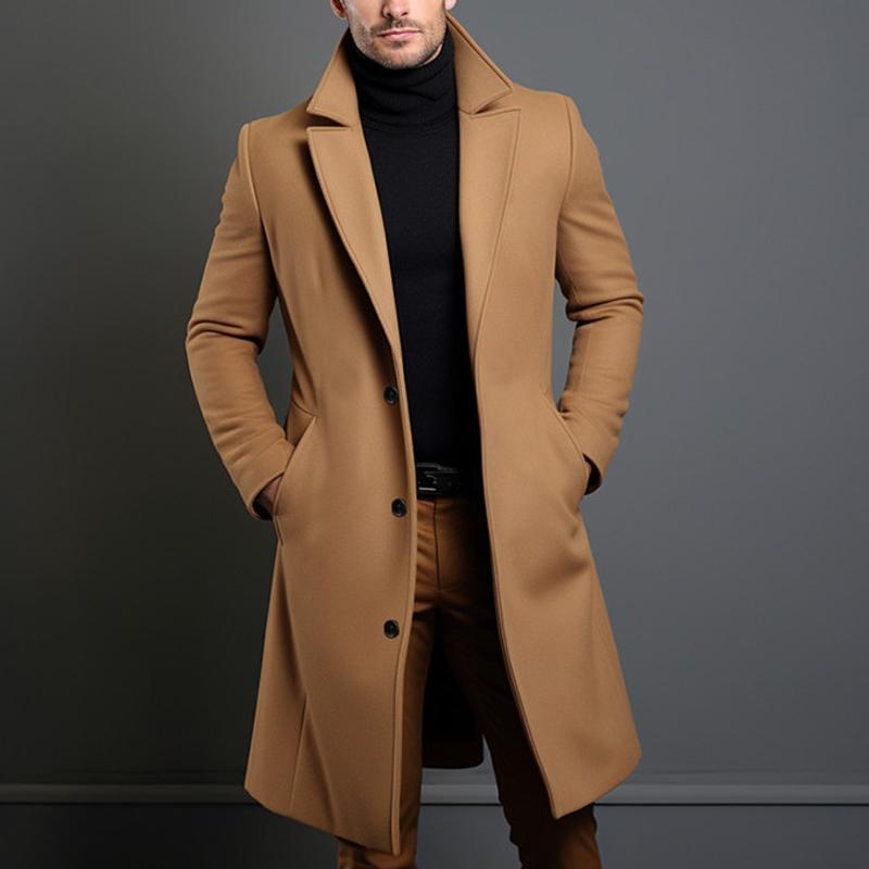 Men's Solid Notch Lapel Single-breasted Mid-length Coat