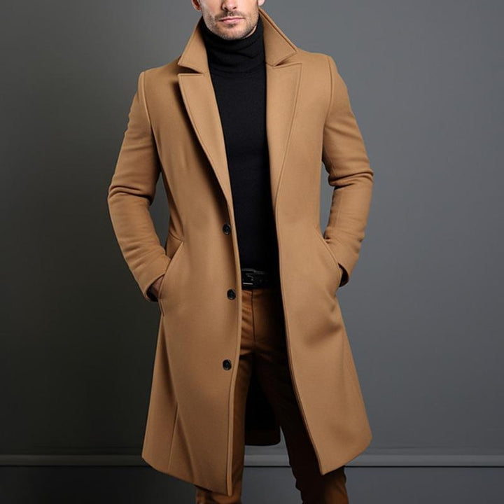 Solid Notch Lapel Single-breasted Mid-length Coat - DUVAL