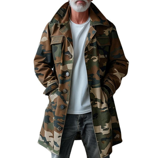 Men's Camouflage Lapel Breast Pocket Single Breasted Mid-length Cargo Trench Coat