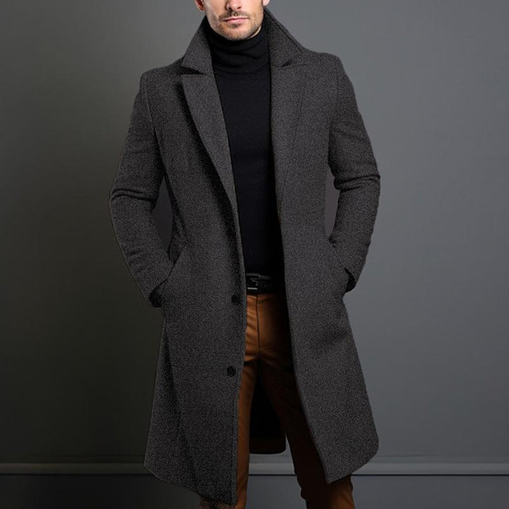 Solid Notch Lapel Single-breasted Mid-length Coat - DUVAL