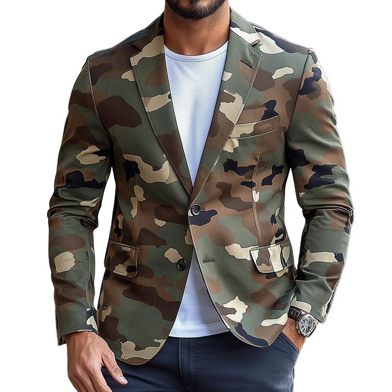 Retro Camouflage Notch Lapel Single Breasted Casual Blazer