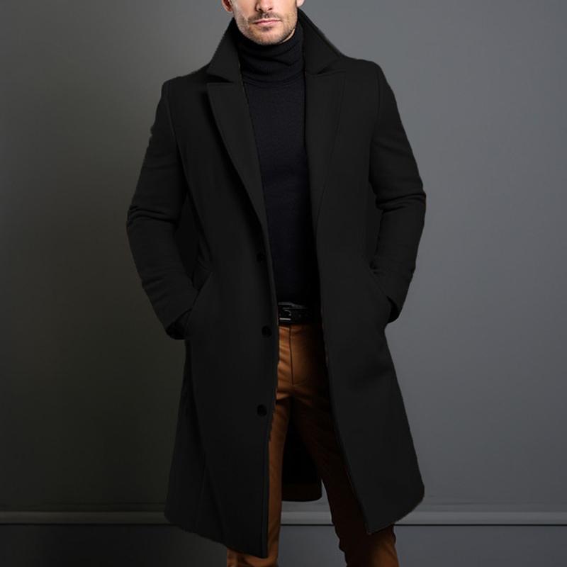 Men's Solid Notch Lapel Single-breasted Mid-length Coat