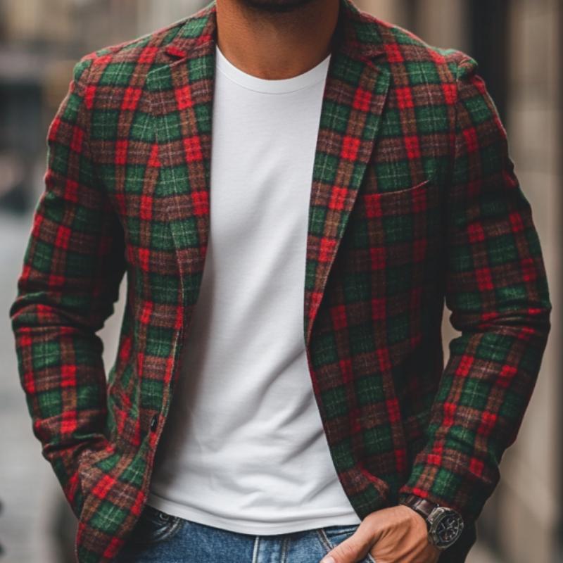 Casual Notch Lapel Contrast Color Christmas Plaid Single-breasted Blazer