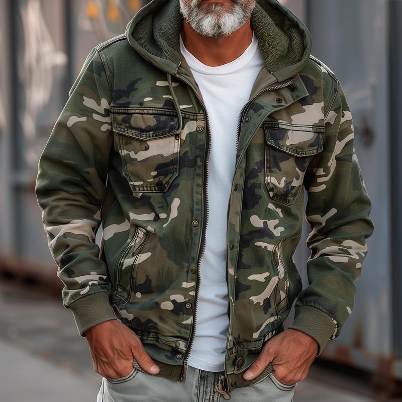 Men's Camouflage Hooded Multi-Pocket Zip Cargo Jacket