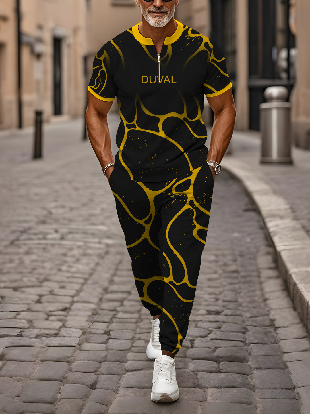 Zipper Short Sleeve Long Pants Two-Piece Set - DUVAL