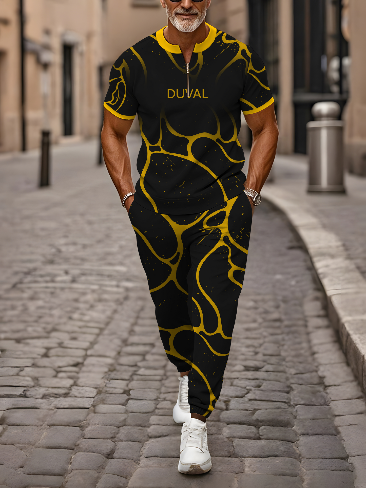 Zipper Short Sleeve Long Pants Two-Piece Set