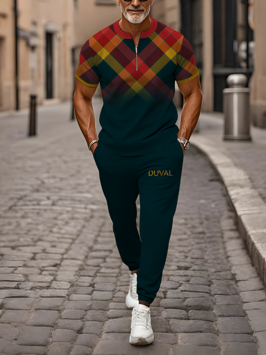 Zipper Short Sleeve Long Pants Two-Piece Set