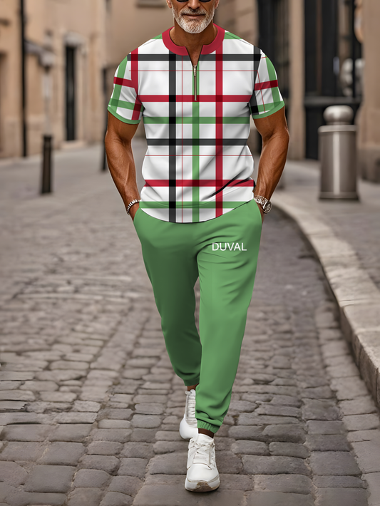 Zipper Short Sleeve Long Pants Two-Piece Set