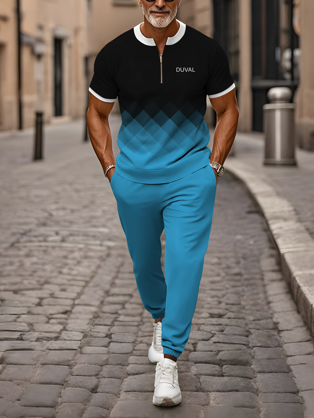 Zipper Short Sleeve Long Pants Two-Piece Set - DUVAL