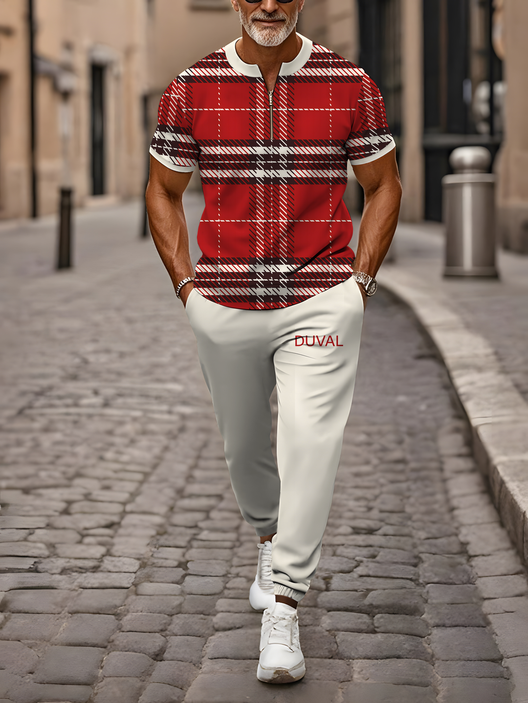 Zipper Short Sleeve Long Pants Two-Piece Set - DUVAL