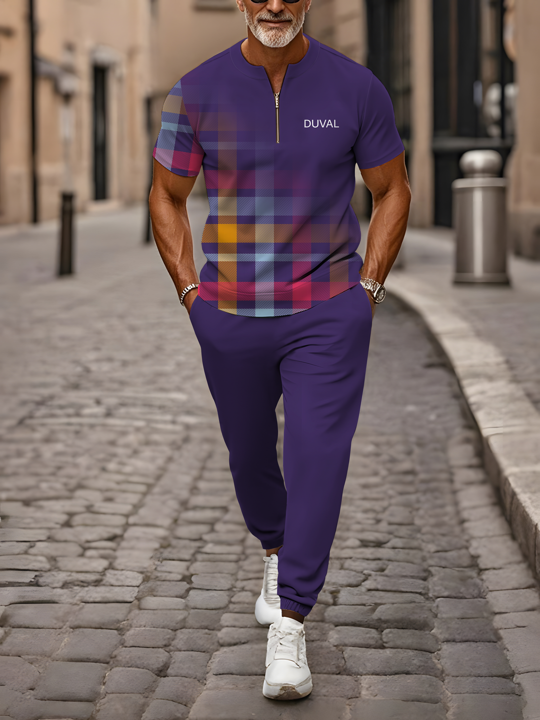 Zipper Short Sleeve Long Pants Two-Piece Set - DUVAL