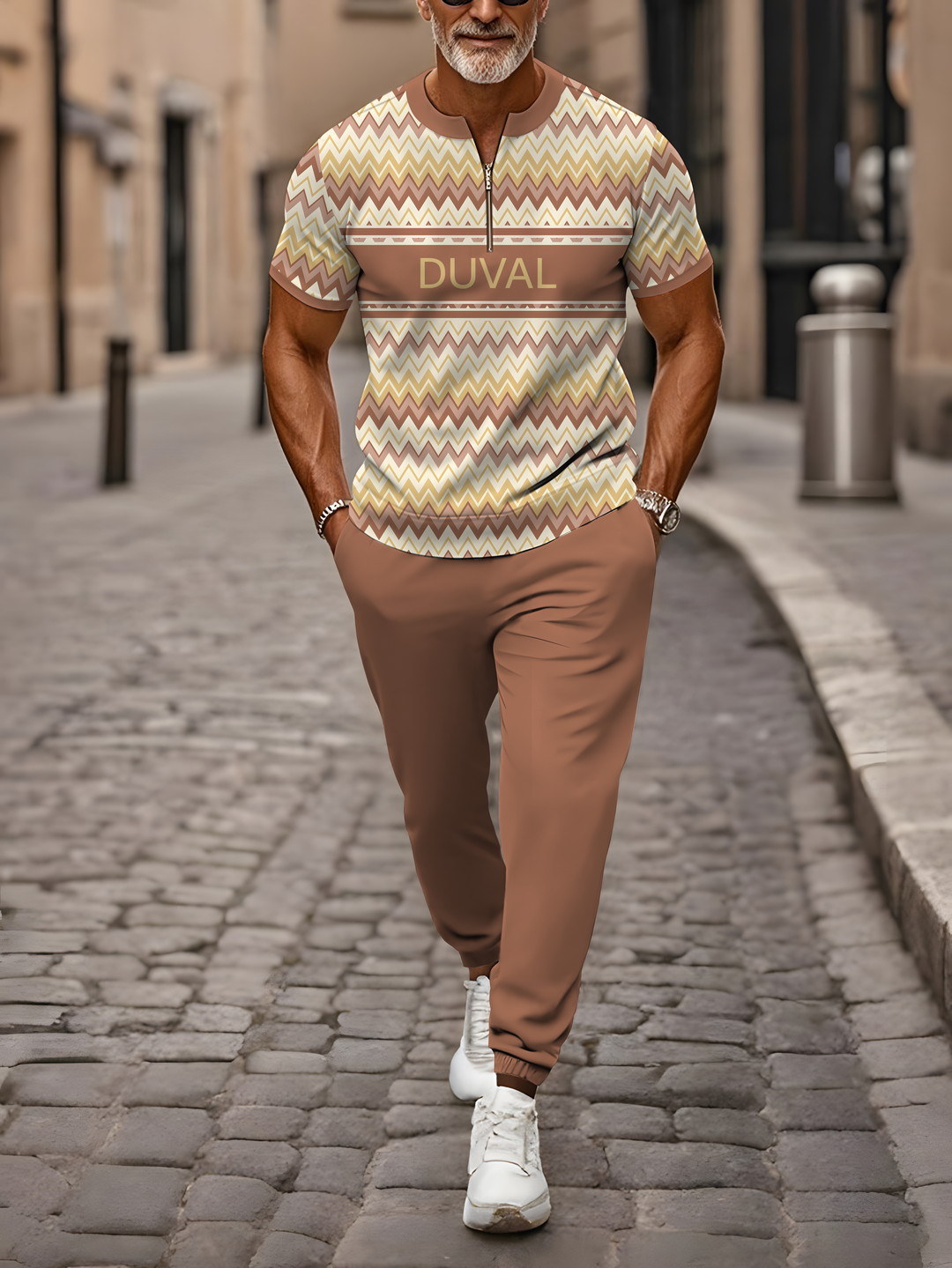 Zipper Short Sleeve Long Pants Two-Piece Set - DUVAL