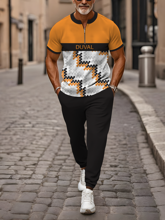 Zipper Short Sleeve Long Pants Two-Piece Set