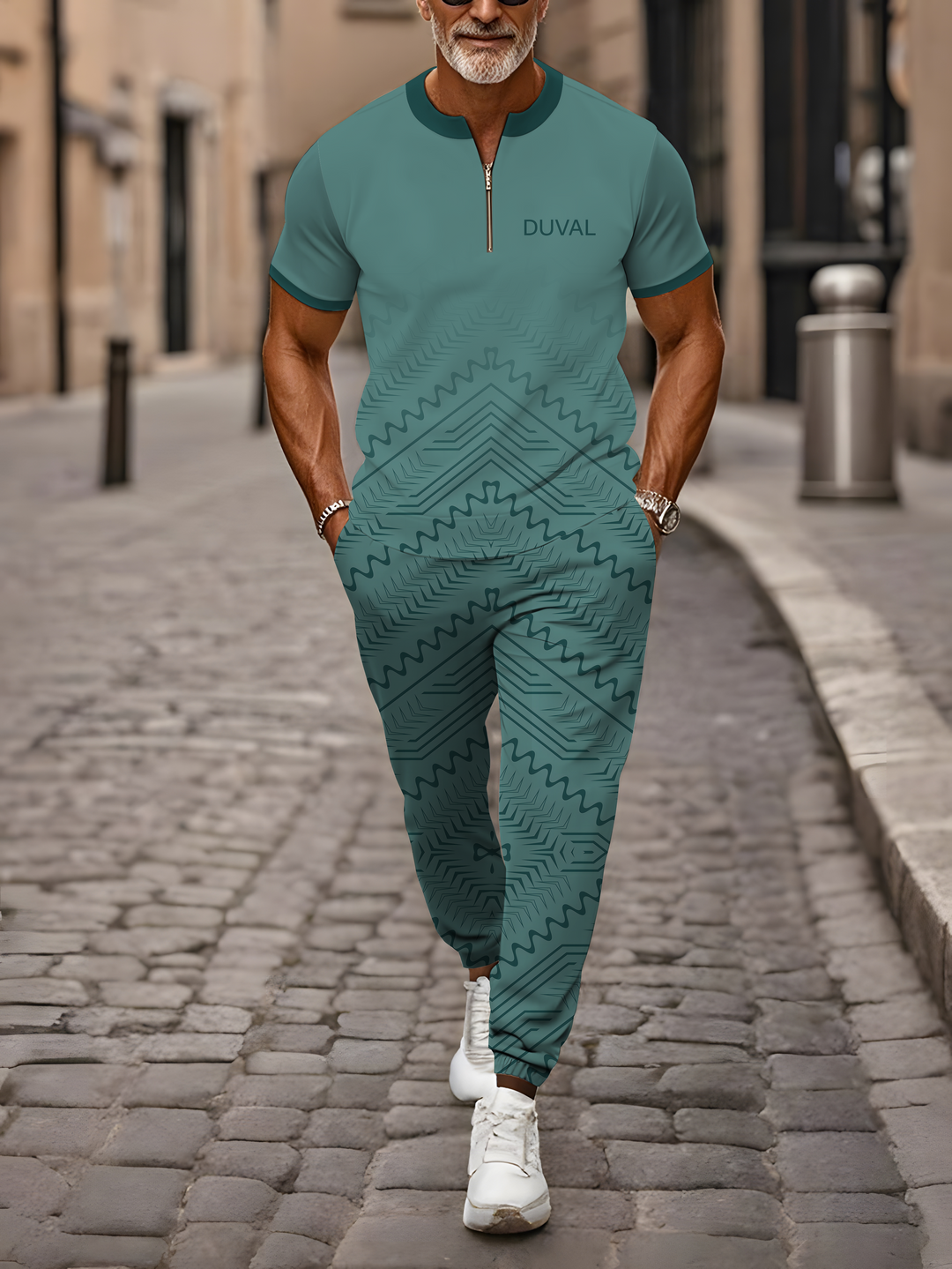Zipper Short Sleeve Long Pants Two-Piece Set - DUVAL