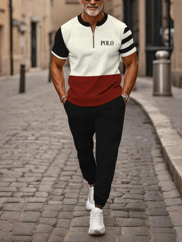 Zipper Short Sleeve Long Pants Two-Piece Set