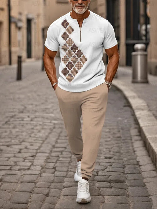 Zipper Short Sleeve Long Pants Two-Piece Set