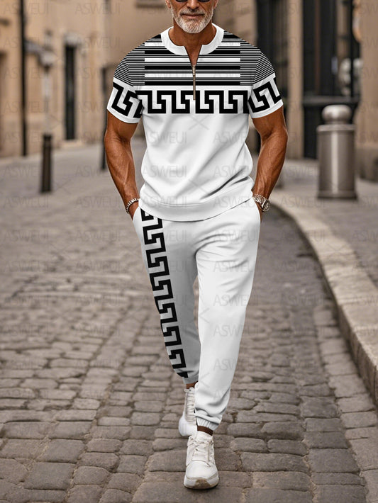 Zipper Short Sleeve Long Pants Two-Piece Set