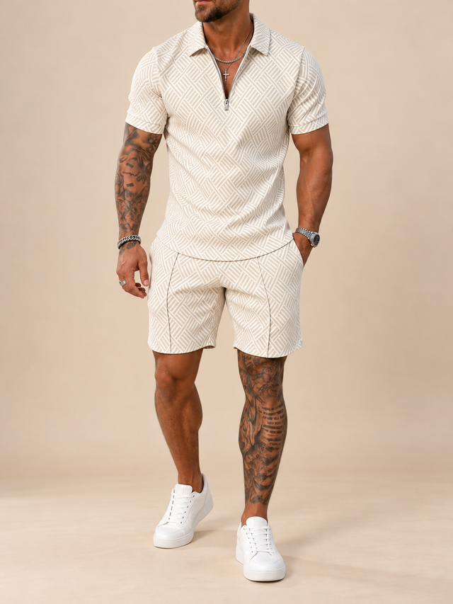 Lapel Cream Polo Shirt And Shorts Co-Ord