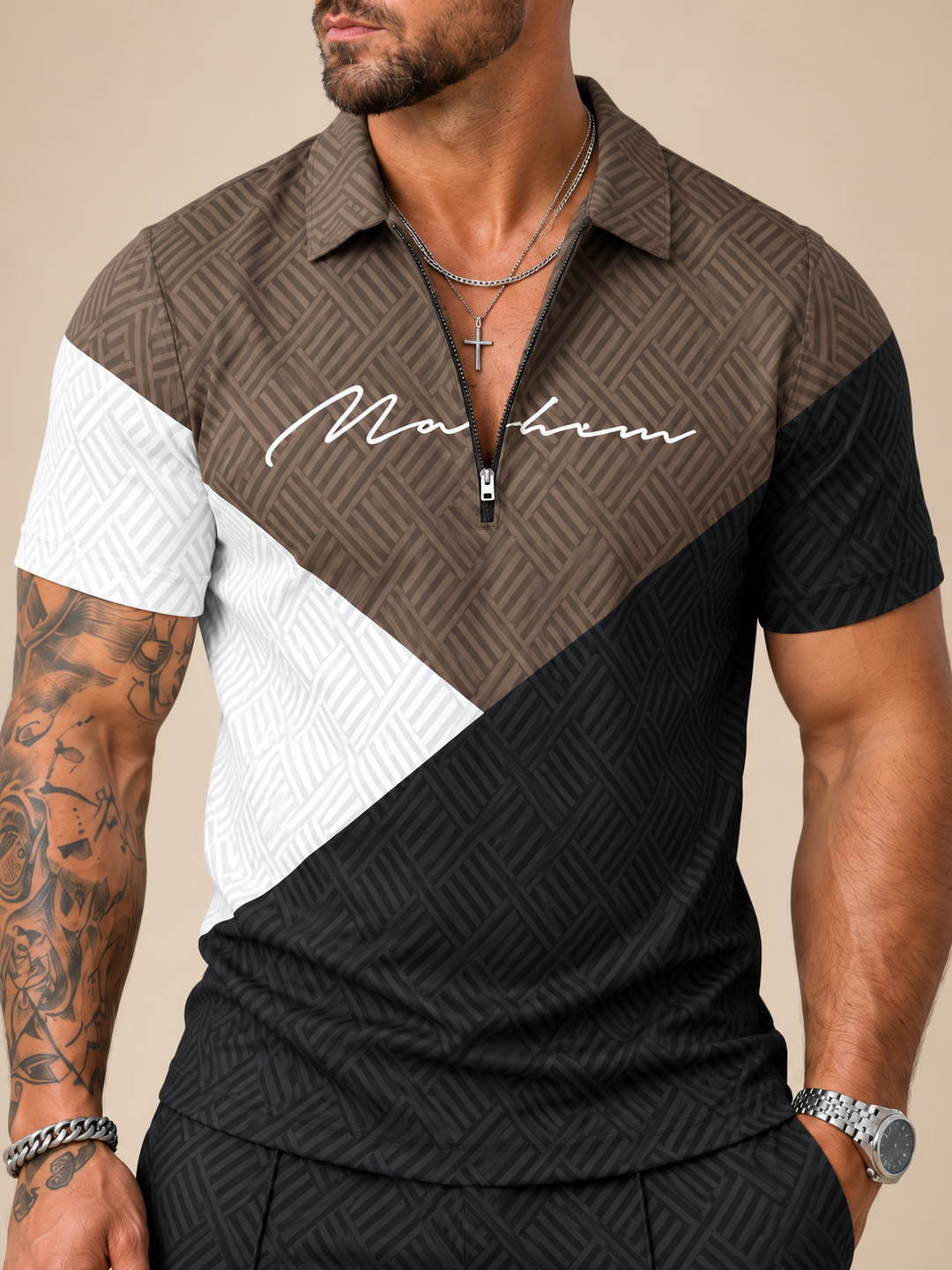 Vanguard Polo Shirt And Shorts Co-Ord – close-up of the collar, zip and print