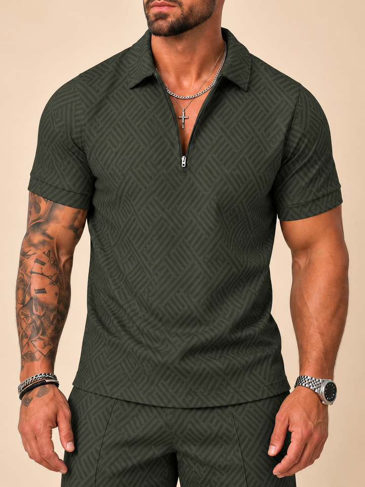 Leisure Green Polo Shirt And Shorts Co-Ord – close-up of the collar, zip and print