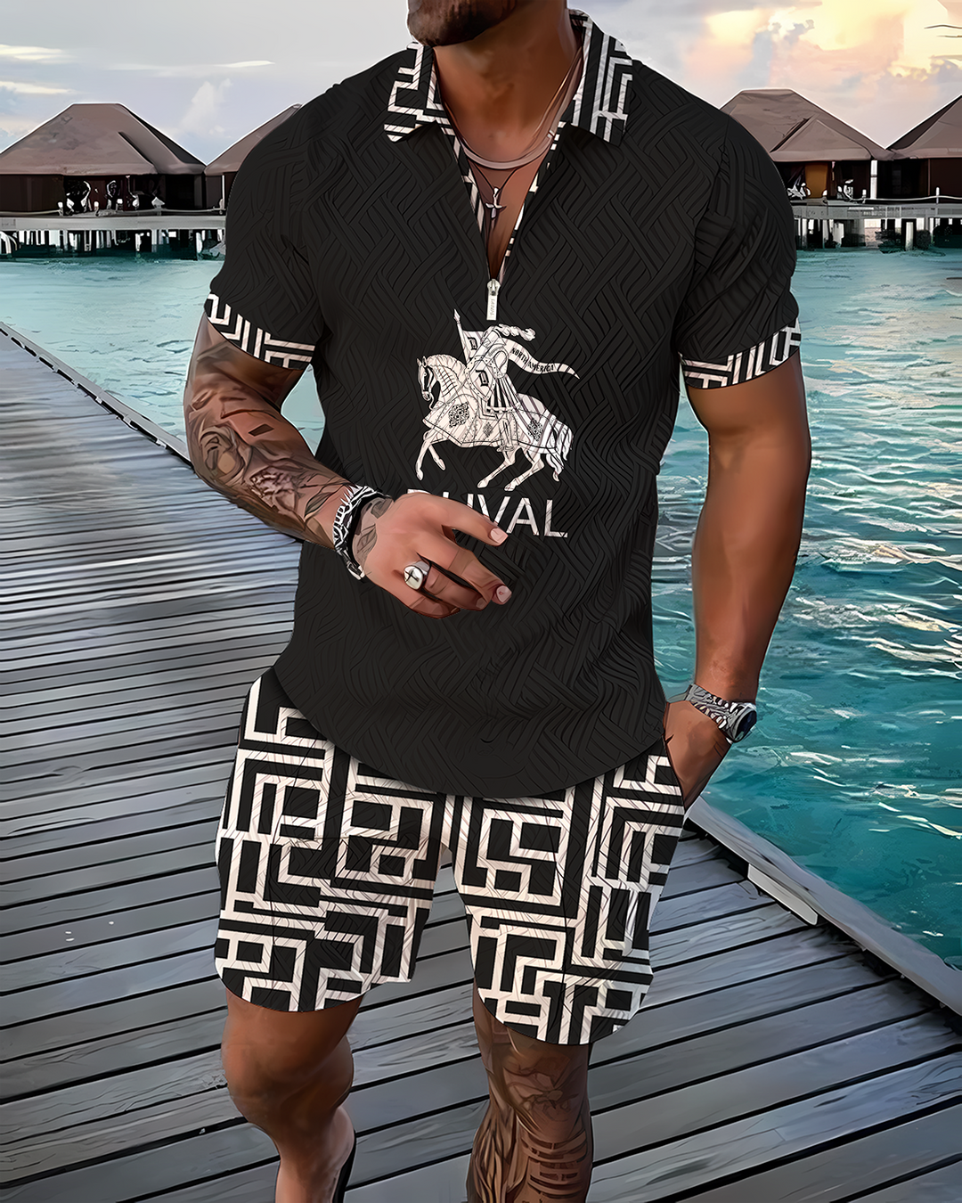 Warrior Polo Shirt And Shorts Co-Ord - Black - DUVAL