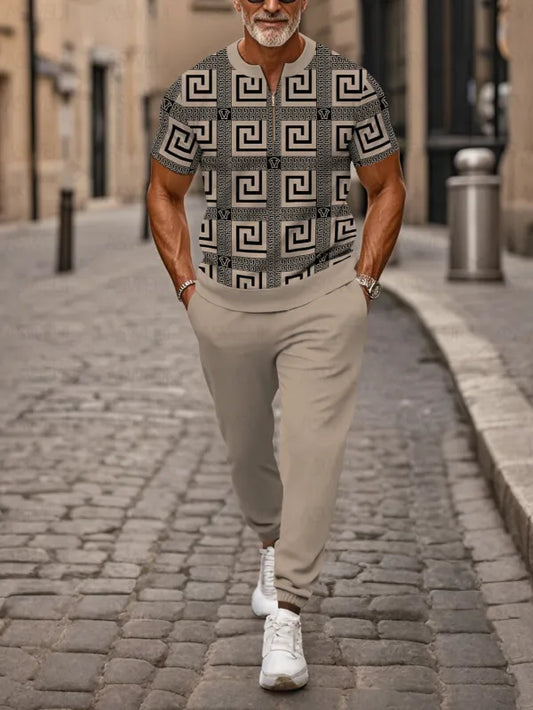 Zipper Short Sleeve Long Pants Two-Piece Set