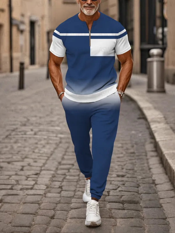 Zipper Short Sleeve Long Pants Two-Piece Set - DUVAL