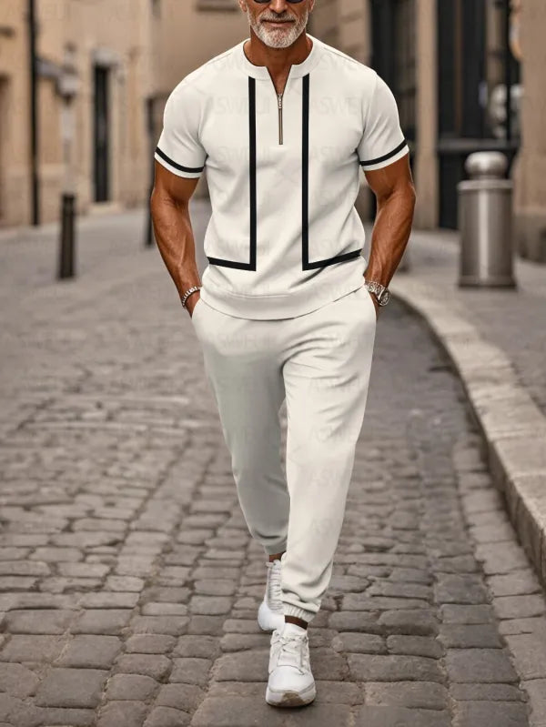 Zipper Short Sleeve Long Pants Two-Piece Set