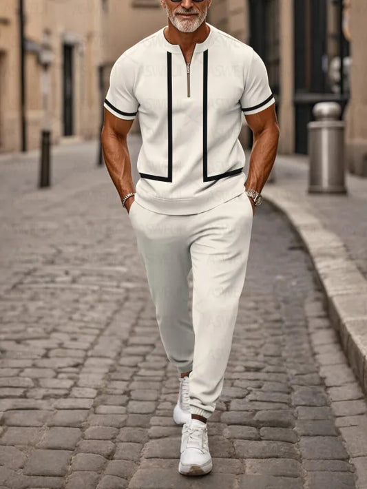 Zipper Short Sleeve Long Pants Two-Piece Set