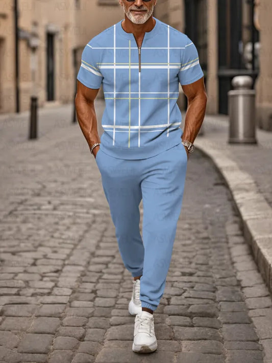 Zipper Short Sleeve Long Pants Two-Piece Set