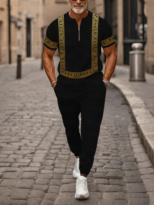 Zipper Short Sleeve Long Pants Two-Piece Set