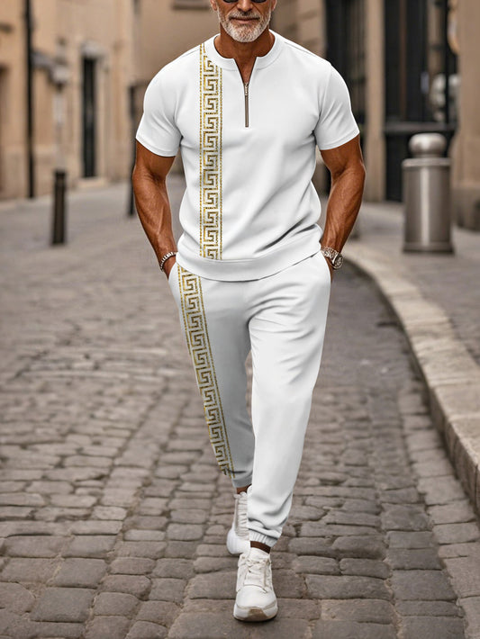 Zipper Short Sleeve Long Pants Two-Piece Set