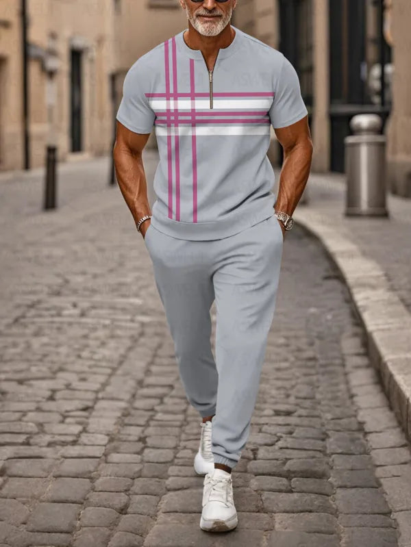 Zipper Short Sleeve Long Pants Two-Piece Set