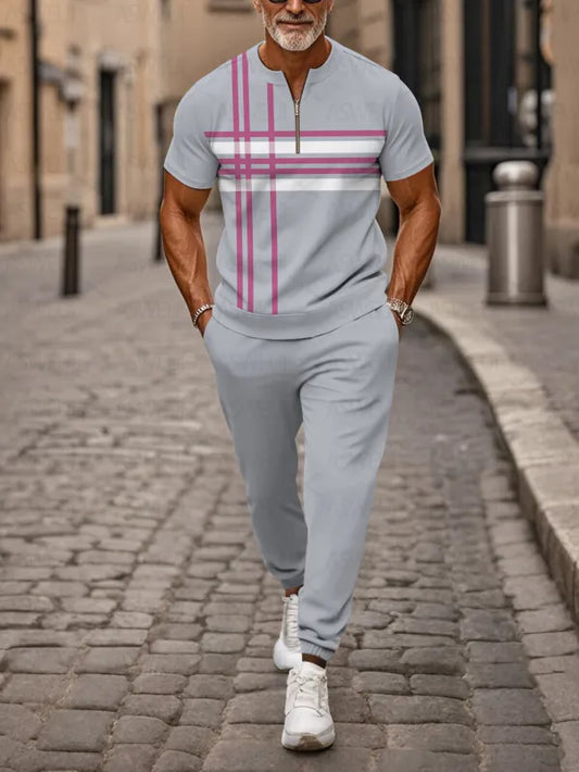 Zipper Short Sleeve Long Pants Two-Piece Set