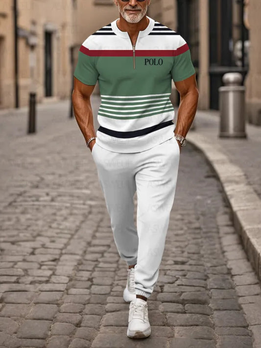 Zipper Short Sleeve Long Pants Two-Piece Set