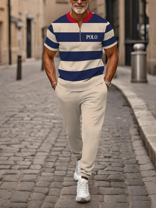 Zipper Short Sleeve Long Pants Two-Piece Set