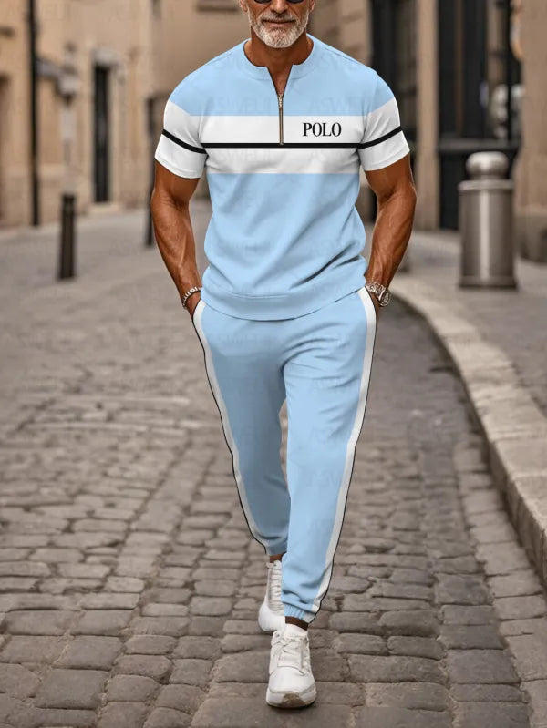 Zipper Short Sleeve Long Pants Two-Piece Set - DUVAL