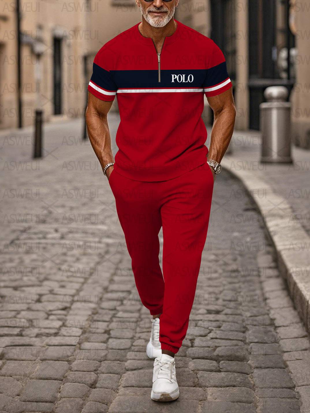 Zipper Short Sleeve Long Pants Two-Piece Set