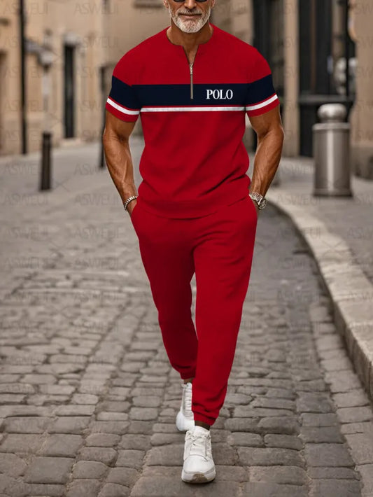 Zipper Short Sleeve Long Pants Two-Piece Set