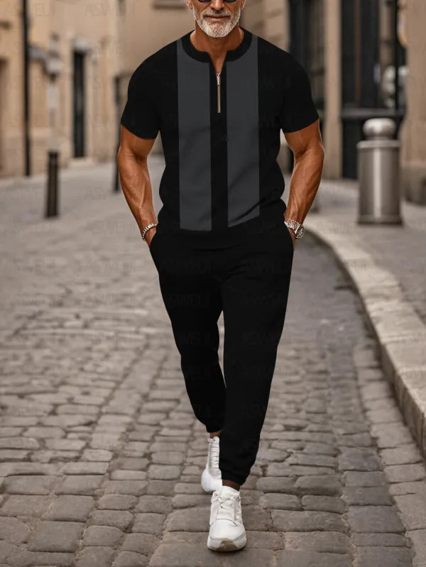 Zipper Short Sleeve Long Pants Two-Piece Set