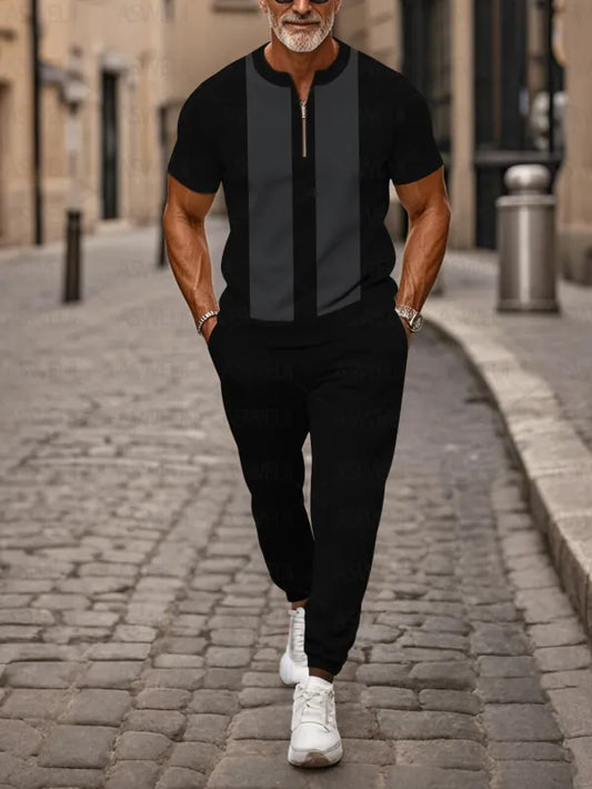 Zipper Short Sleeve Long Pants Two-Piece Set