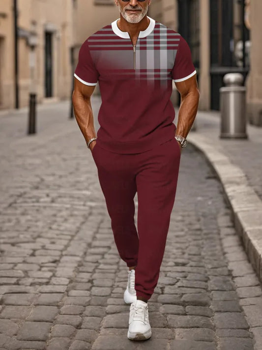 Zipper Short Sleeve Long Pants Two-Piece Set