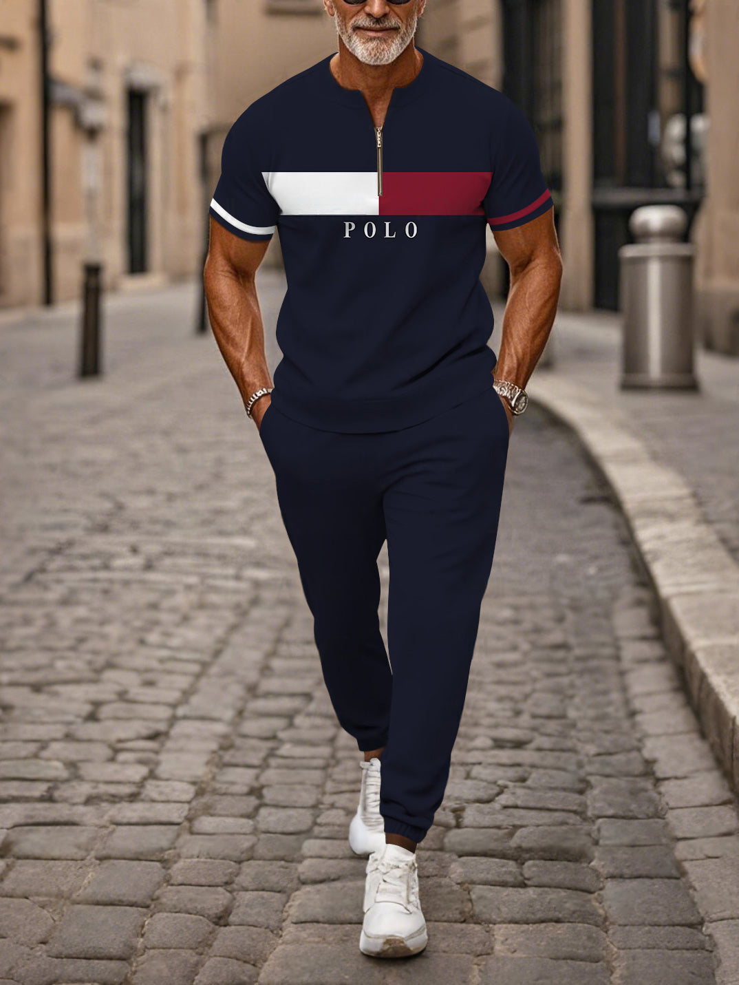 Zipper Short Sleeve Long Pants Two-Piece Set - DUVAL