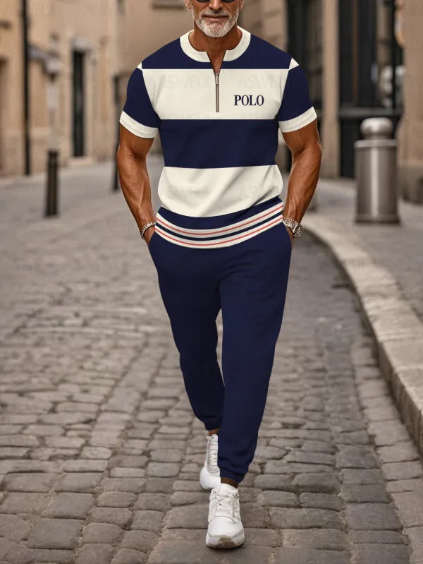 Zipper Short Sleeve Long Pants Two-Piece Set