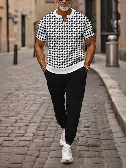 Zipper Short Sleeve Long Pants Two-Piece Set